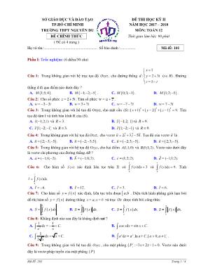 Đề thi học kì II môn Toán Lớp 12 - Mã đề 101 - Năm học 2017-2018 - Trường THPT Nguyễn Du (Có đáp án)